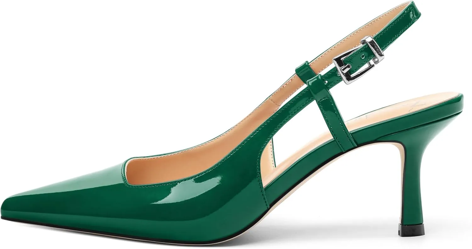 Women's Patent Leather Ankle Strap Slingback Pointed Toe Mid Heel Pumps Business Office Work Dress Shoes 2.55 Inch