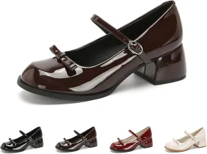 Women's Patent Leather Low Chunky Block Heel Mary Jane Pumps Fashion Classic Bowknots Round Toe Buckle Strap Work Pumps Casual Business Office Wedding Dress Shoes