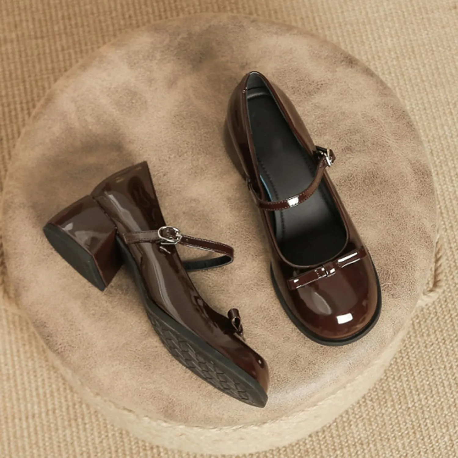 Women's Patent Leather Low Chunky Block Heel Mary Jane Pumps Fashion Classic Bowknots Round Toe Buckle Strap Work Pumps Casual Business Office Wedding Dress Shoes