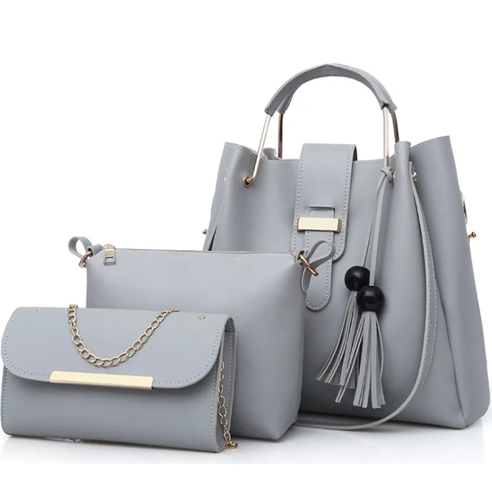 Women's Purse and Handbags 3 Pcs Bag Set PU Leather Tassel Totes Clutch Satchels Top Handle Shoulder Crossbody Bags Pack Grey