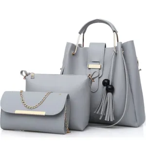 Women's Purse and Handbags 3 Pcs Bag Set PU Leather Tassel Totes Clutch Satchels Top Handle Shoulder Crossbody Bags Pack Grey
