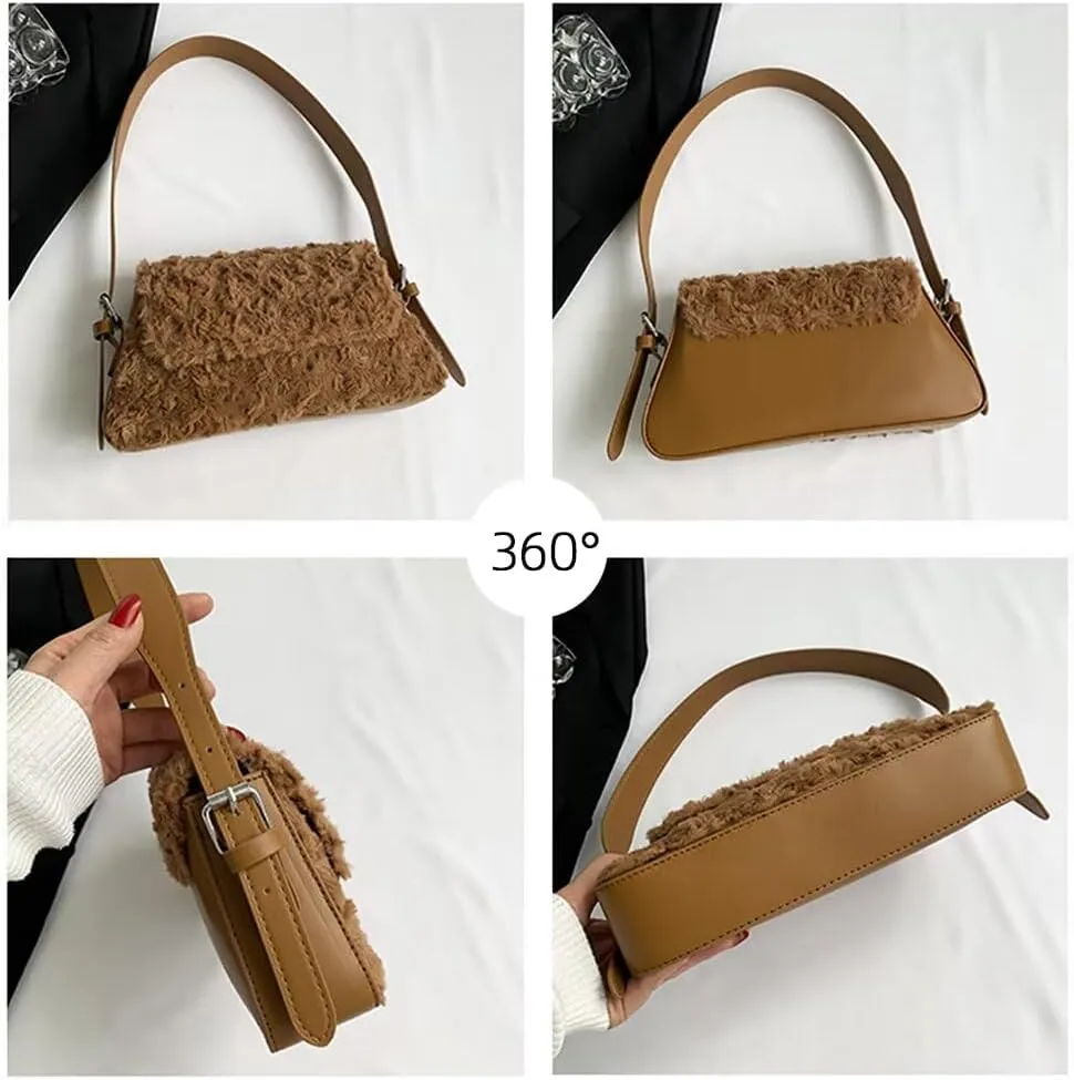 Women’s Shoulder Bag Designer Tote Bag Lightweight Top Handle Satchel Purse Faux Fur Handbag for Travel Work Shopping