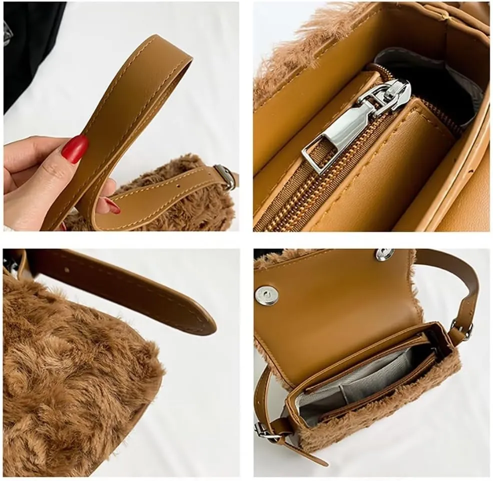 Women’s Shoulder Bag Designer Tote Bag Lightweight Top Handle Satchel Purse Faux Fur Handbag for Travel Work Shopping