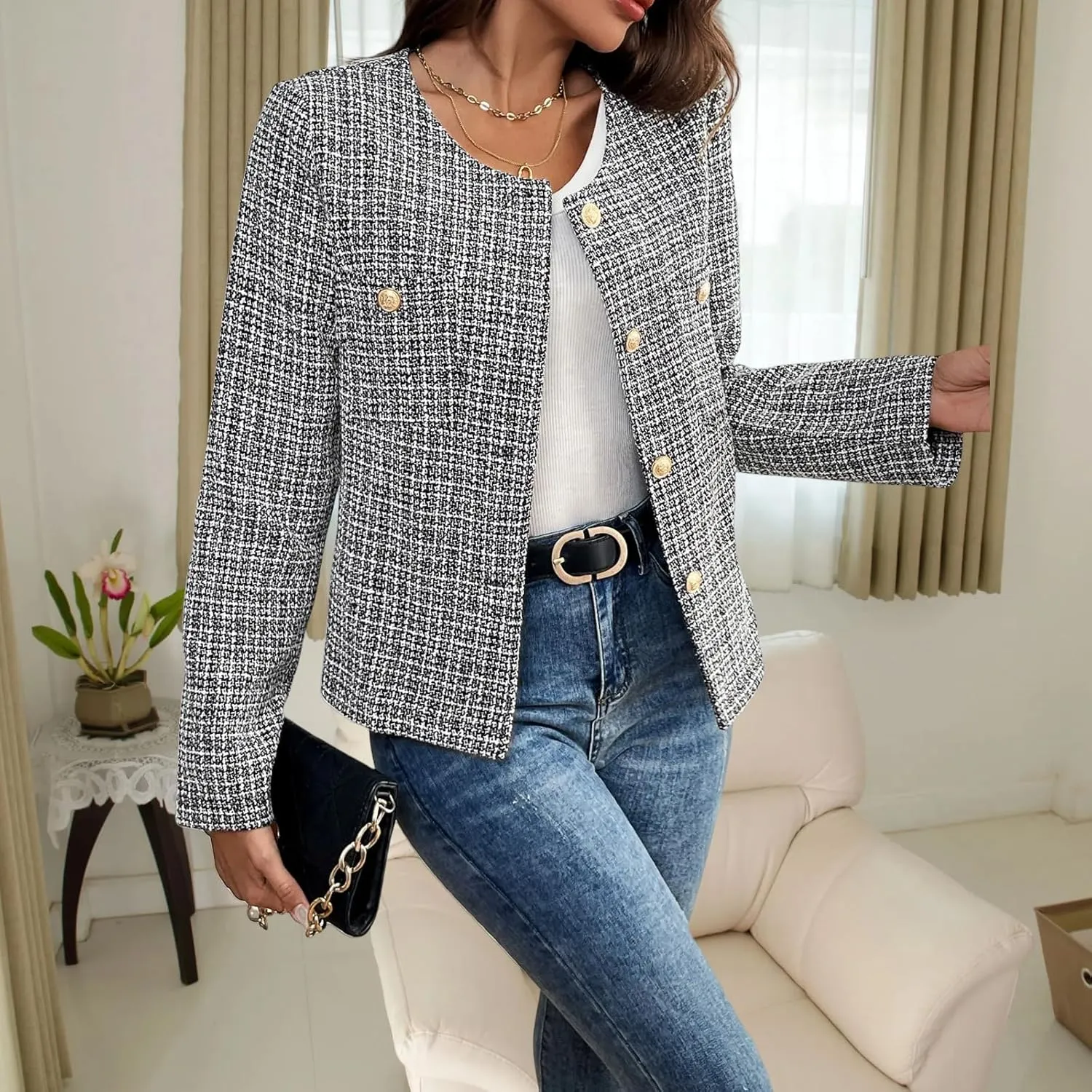 Women's Tweed Blazer, Long Sleeve Round Neck, Business Casual Coat