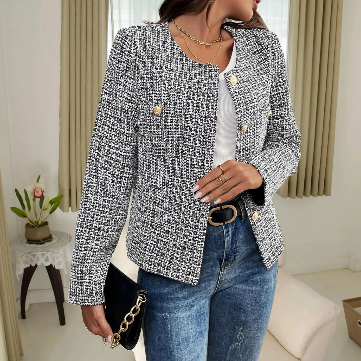 Women's Tweed Blazer, Long Sleeve Round Neck, Business Casual Coat