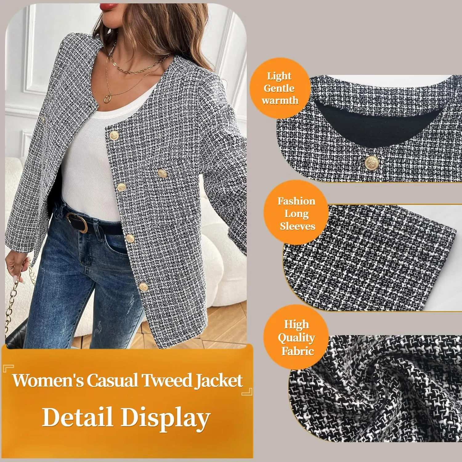 Women's Tweed Blazer, Long Sleeve Round Neck, Business Casual Coat
