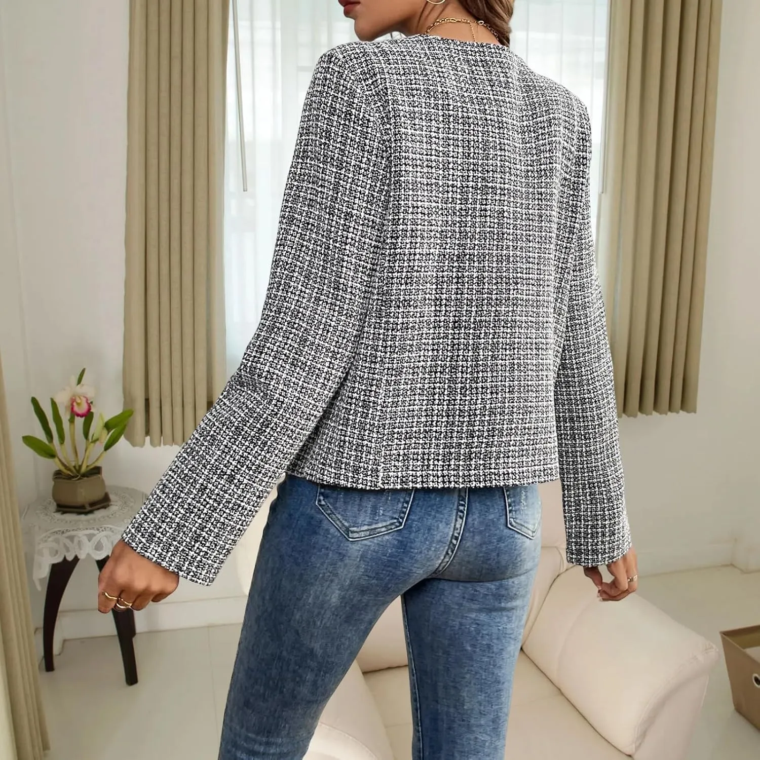 Women's Tweed Blazer, Long Sleeve Round Neck, Business Casual Coat