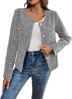 Women's Tweed Blazer, Long Sleeve Round Neck, Business Casual Coat