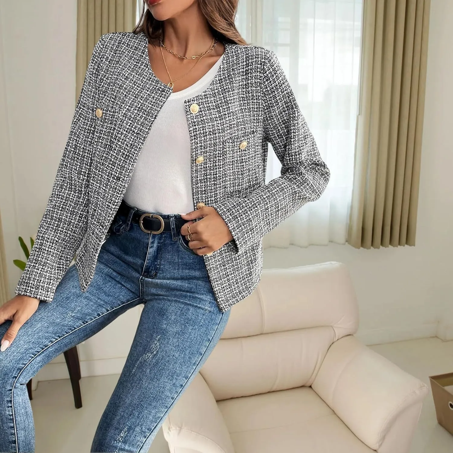 Women's Tweed Blazer, Long Sleeve Round Neck, Business Casual Coat
