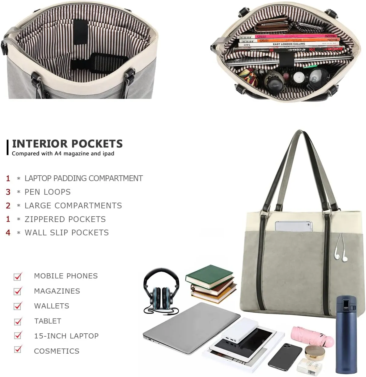 Women's Work Bag with Laptop Compartment Zipper Pockets Teacher Totes Purse