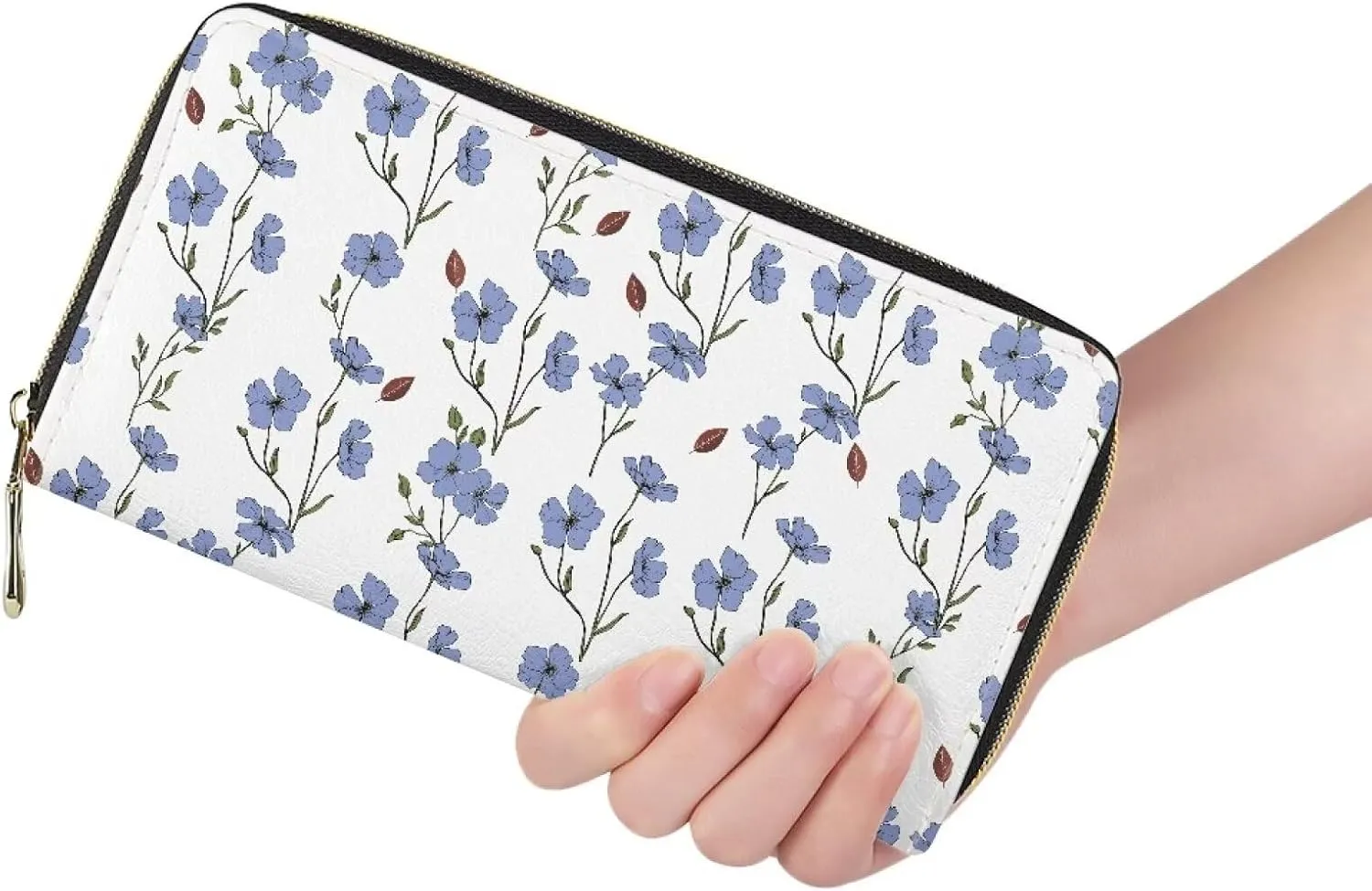 Women’s Zip Purse Slim Anti-theft Travel Wallet Casual Coin Pouch Money Organizer Floral Pattern Blue