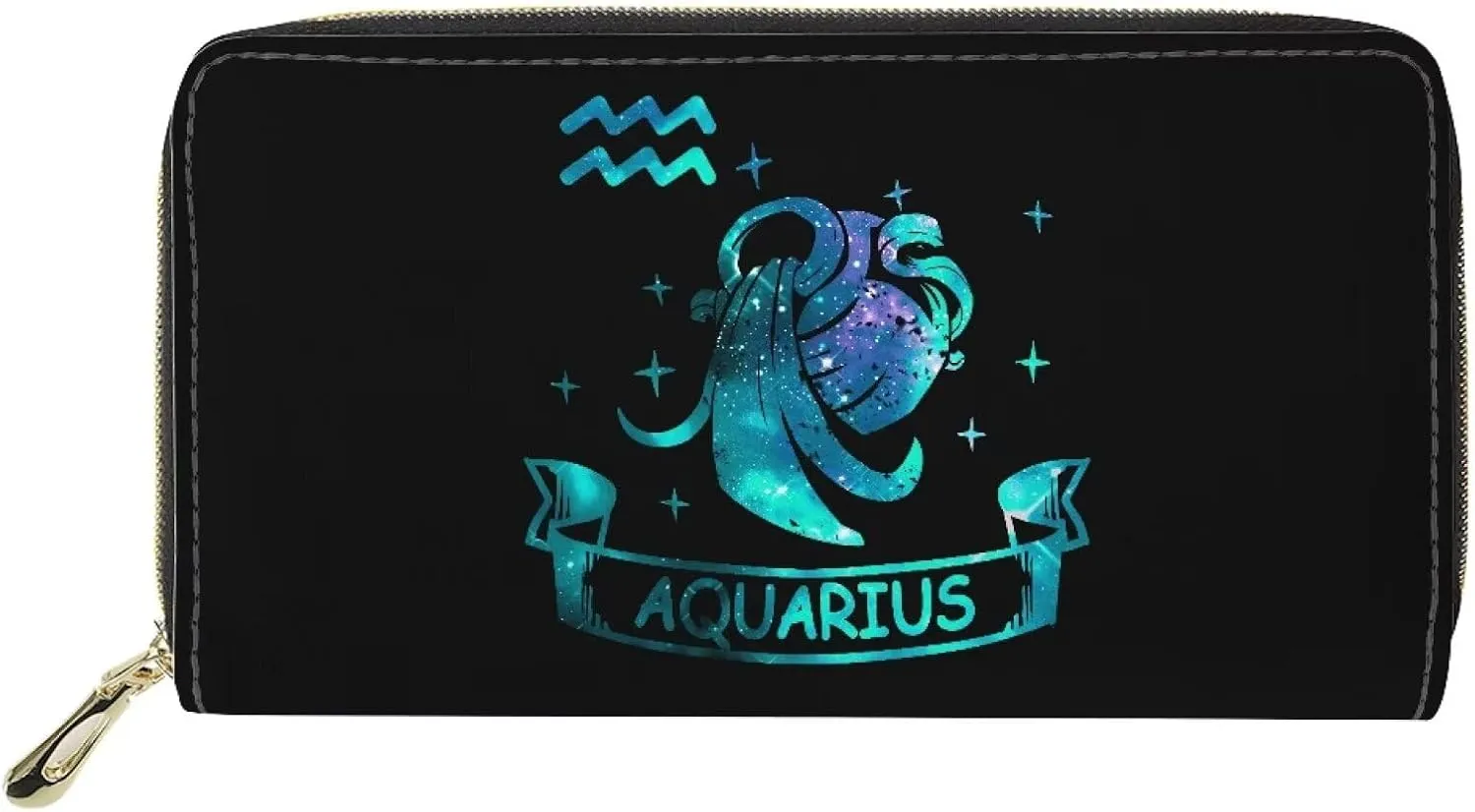 Women’s Zipper Wallet with Large Capacity Long Coin Pouch Astral Print Zodiac Theme Aquarius Pattern Blue