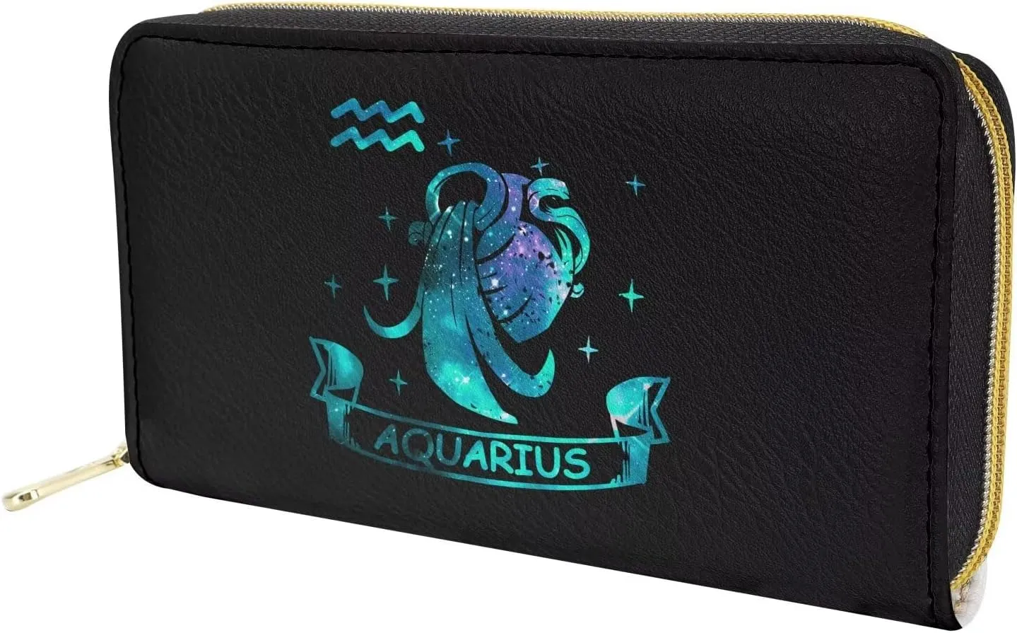 Women’s Zipper Wallet with Large Capacity Long Coin Pouch Astral Print Zodiac Theme Aquarius Pattern Blue