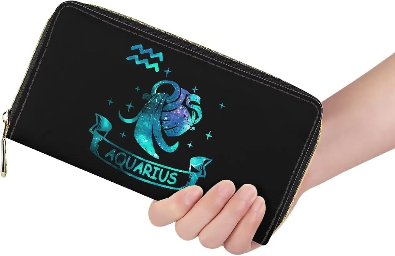 Women’s Zipper Wallet with Large Capacity Long Coin Pouch Astral Print Zodiac Theme Aquarius Pattern Blue