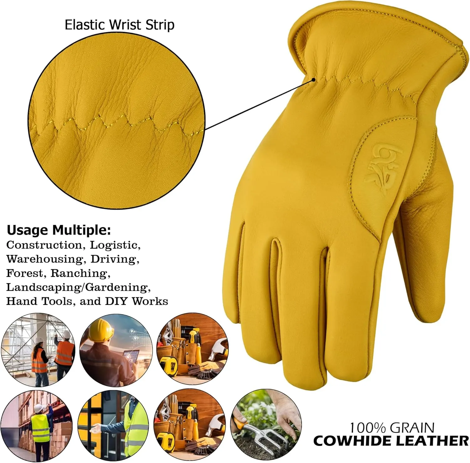 Work Gloves Cowhide Leather Reinforced Durable Construction Hand Tools Driving Gardening Work Safety Gloves