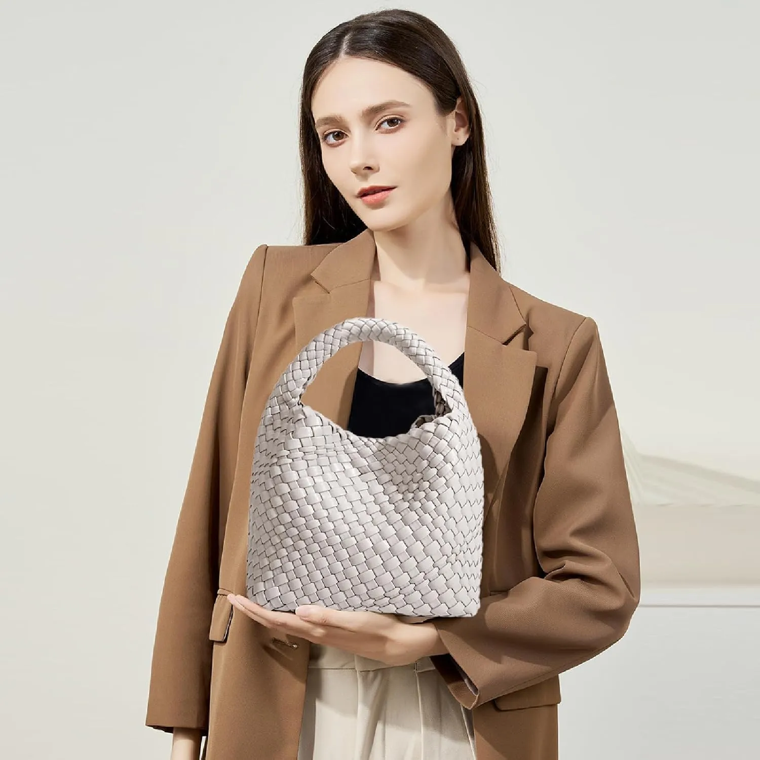 Woven Tote Bag For Women, Soft Foldable Top-Handle Wristlet Bag, Fashion Hobo Handbag, Composite Bag with Coin Purse