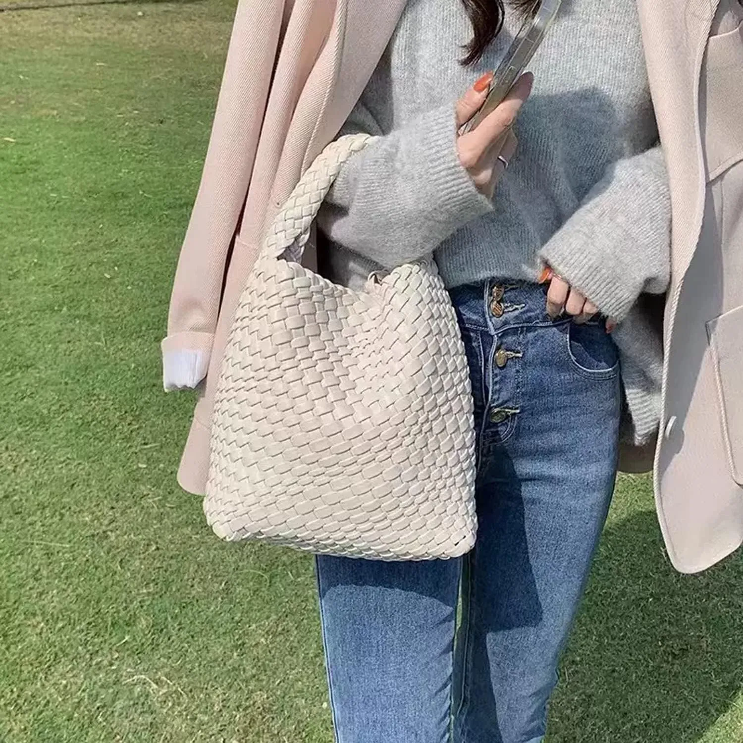 Woven Tote Bag For Women, Soft Foldable Top-Handle Wristlet Bag, Fashion Hobo Handbag, Composite Bag with Coin Purse