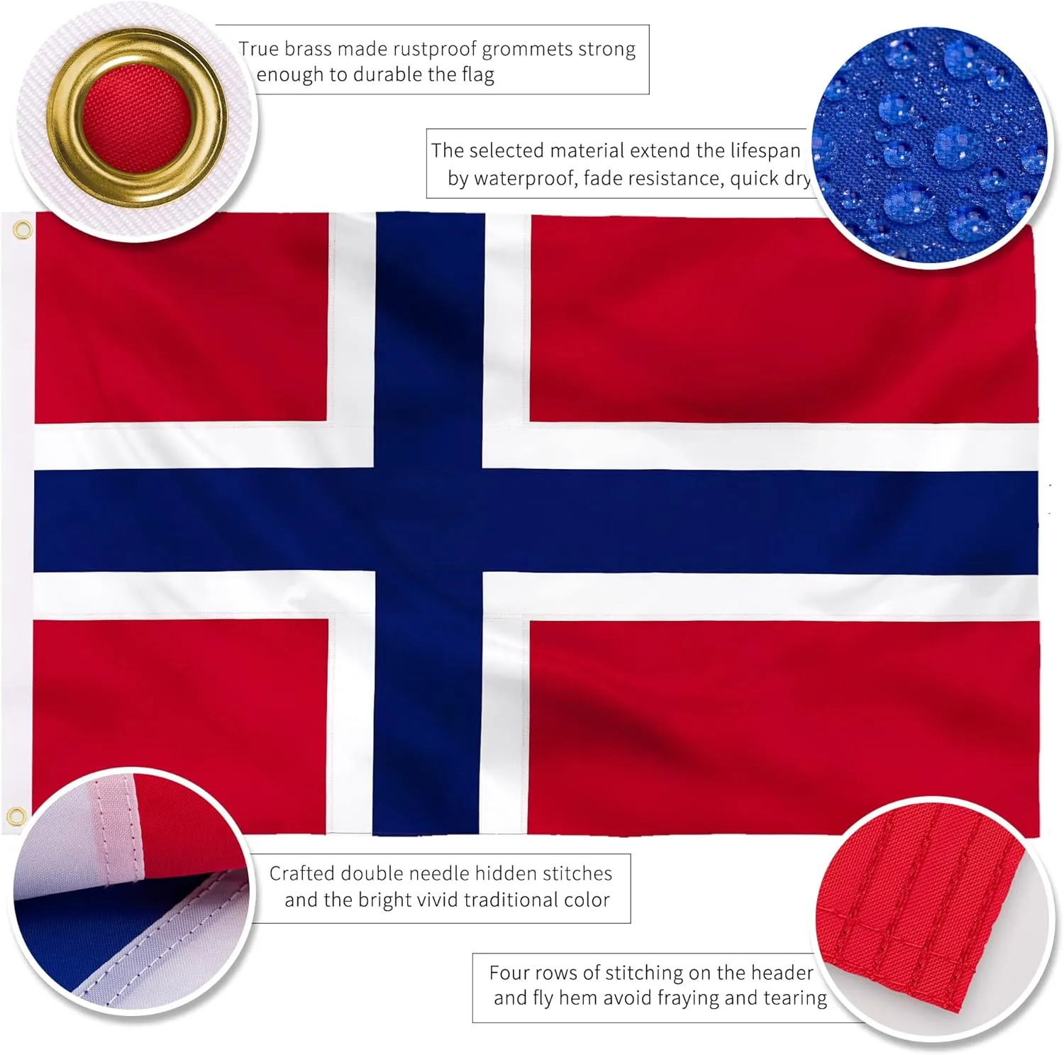 XIFAN Premium Nylon Norway Norwegian Flag 3x5 Outdoor, Double Sided Heavy Duty 210D Nylon Nordmann National Country Flags, Longest Lasting with Sewn Stripes/4 Stitch Hemming/Brass Grommets