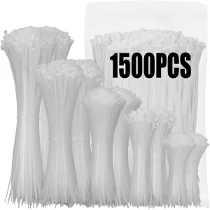 XINGO White Zip Ties Assorted Size 1500 Pack, 4 6 8 10 12 Inch, Self-Locking UV Resistant Nylon Cable T iesPerfect for Home, Office, Garden and Workshop