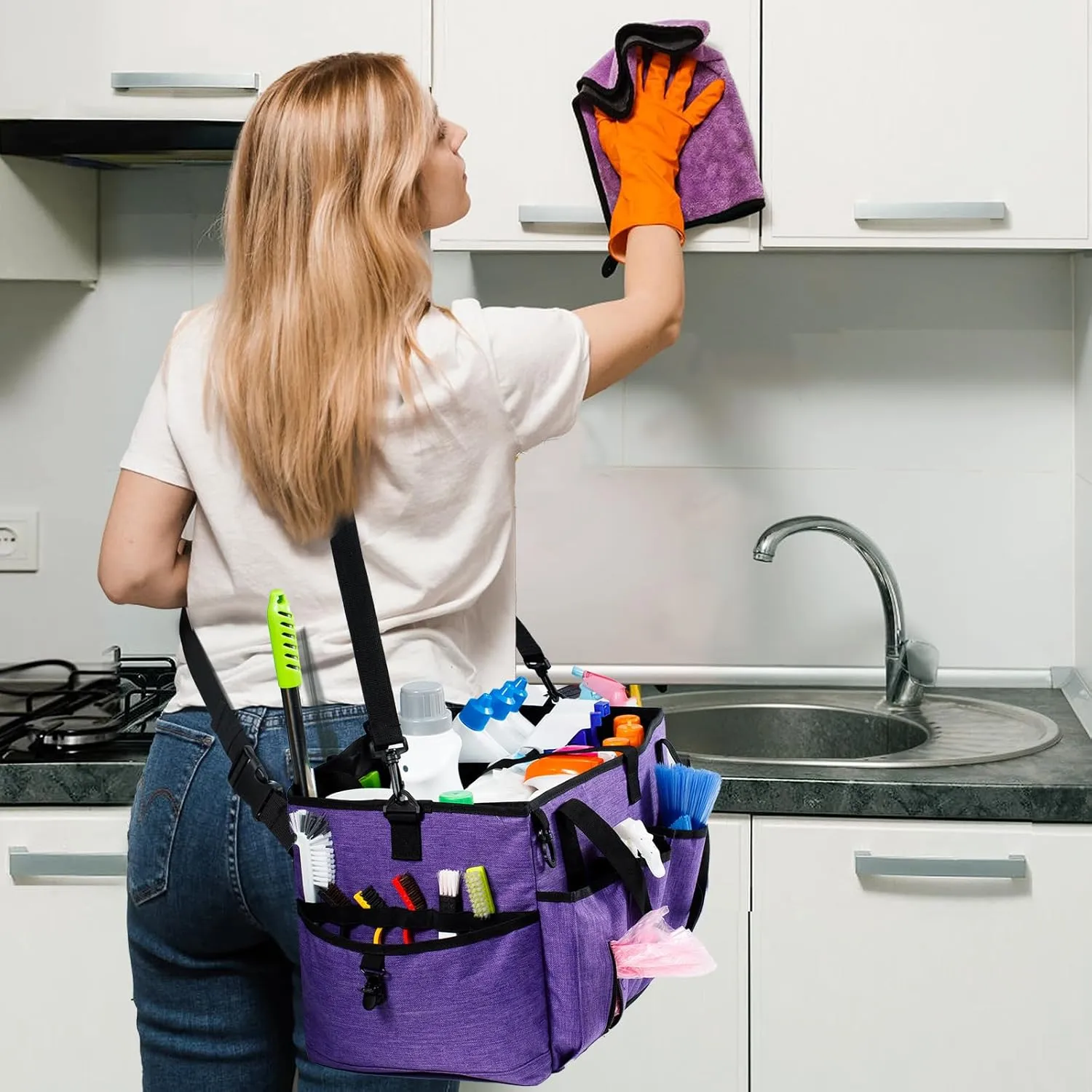 XL Professional Cleaning Caddy for Cleaning Suppliers, 17" Wearable Cleaing Bag for Housekeepers, Cleaning Organizer, Detailing Bag