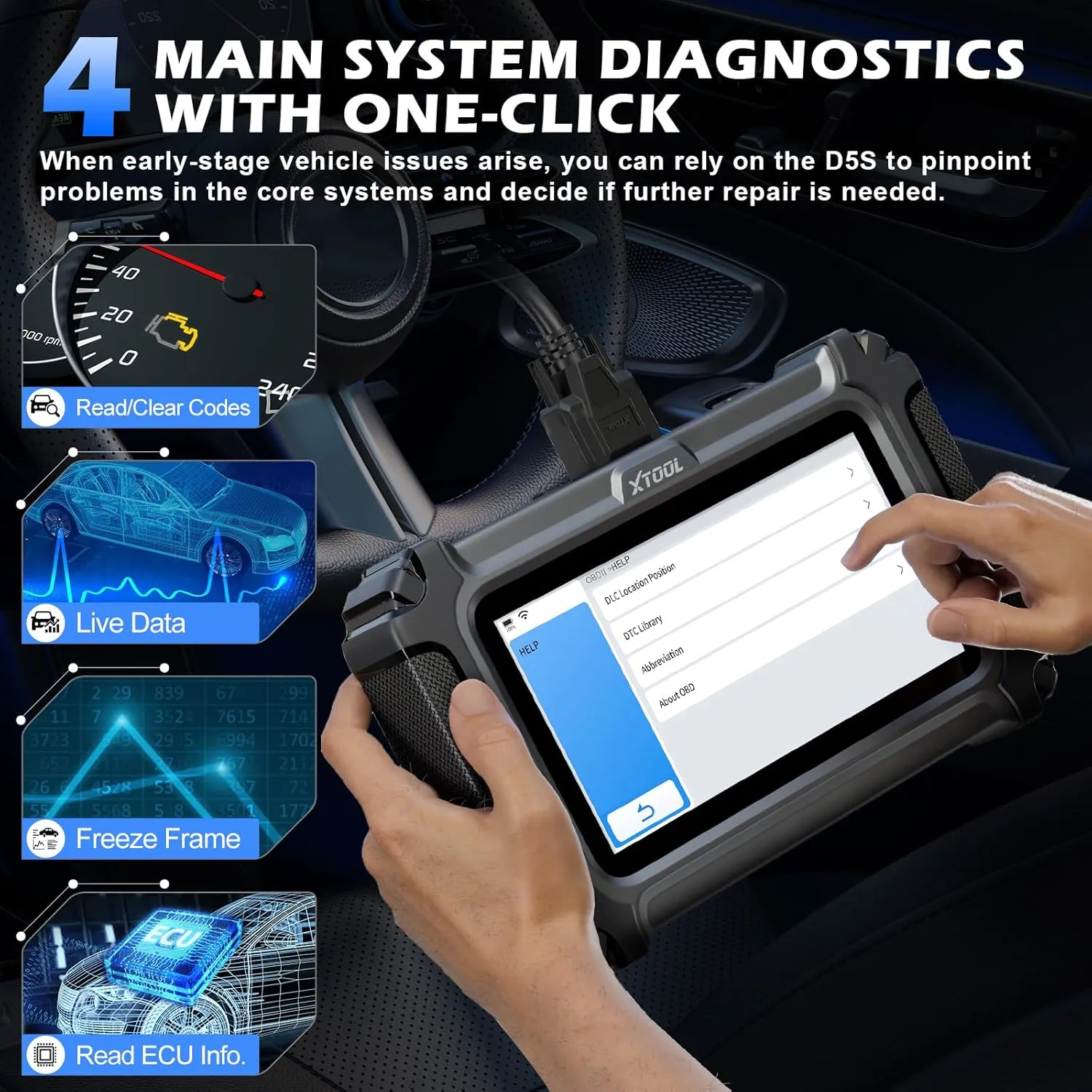 XTOOL D5 OBD2 Scanner: Engine ABS SRS Transmission Car Diagnostic Tool with Oil Reset, Electronic Parking Brake Reset, ABS Bleed, Throttle Relearn, Clear Check Engine Light Code Reader, Free Updates