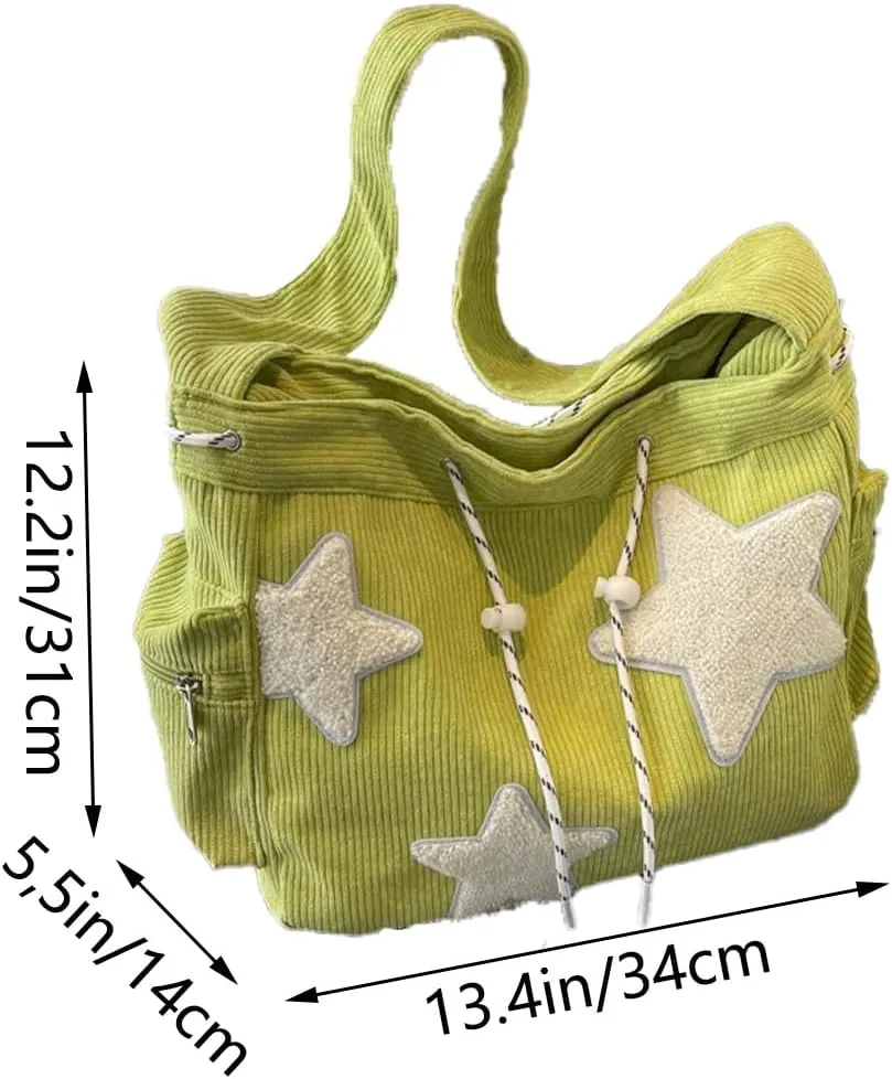 Y2K Star Hobo Bag for Women – Corduroy Drawstring Crossbody Bag, Aesthetic Travel Shoulder Tote (Green)
