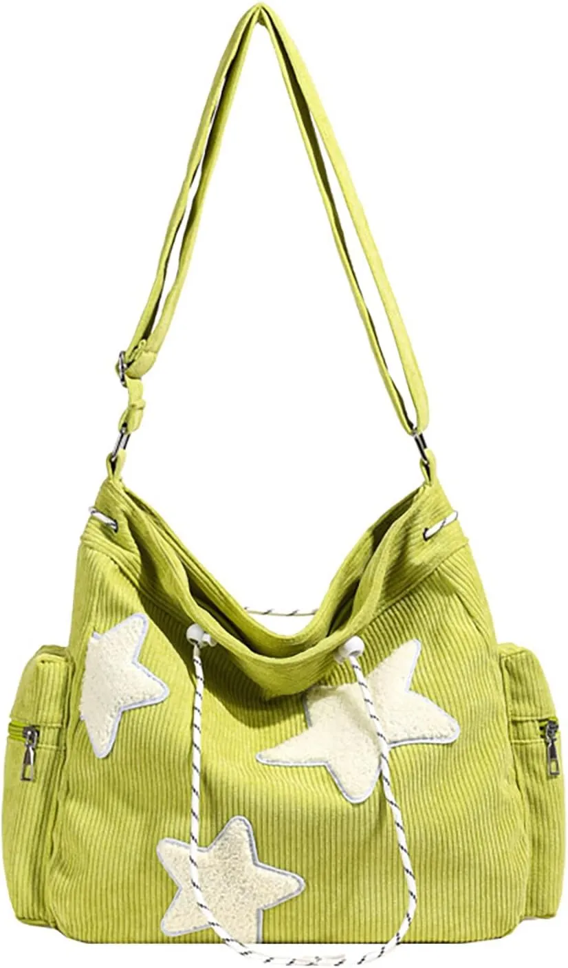 Y2K Star Hobo Bag for Women – Corduroy Drawstring Crossbody Bag, Aesthetic Travel Shoulder Tote (Green)