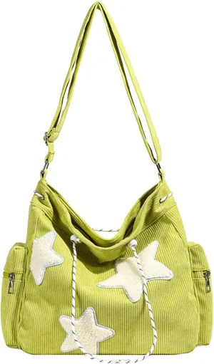 Y2K Star Hobo Bag for Women – Corduroy Drawstring Crossbody Bag, Aesthetic Travel Shoulder Tote (Green)
