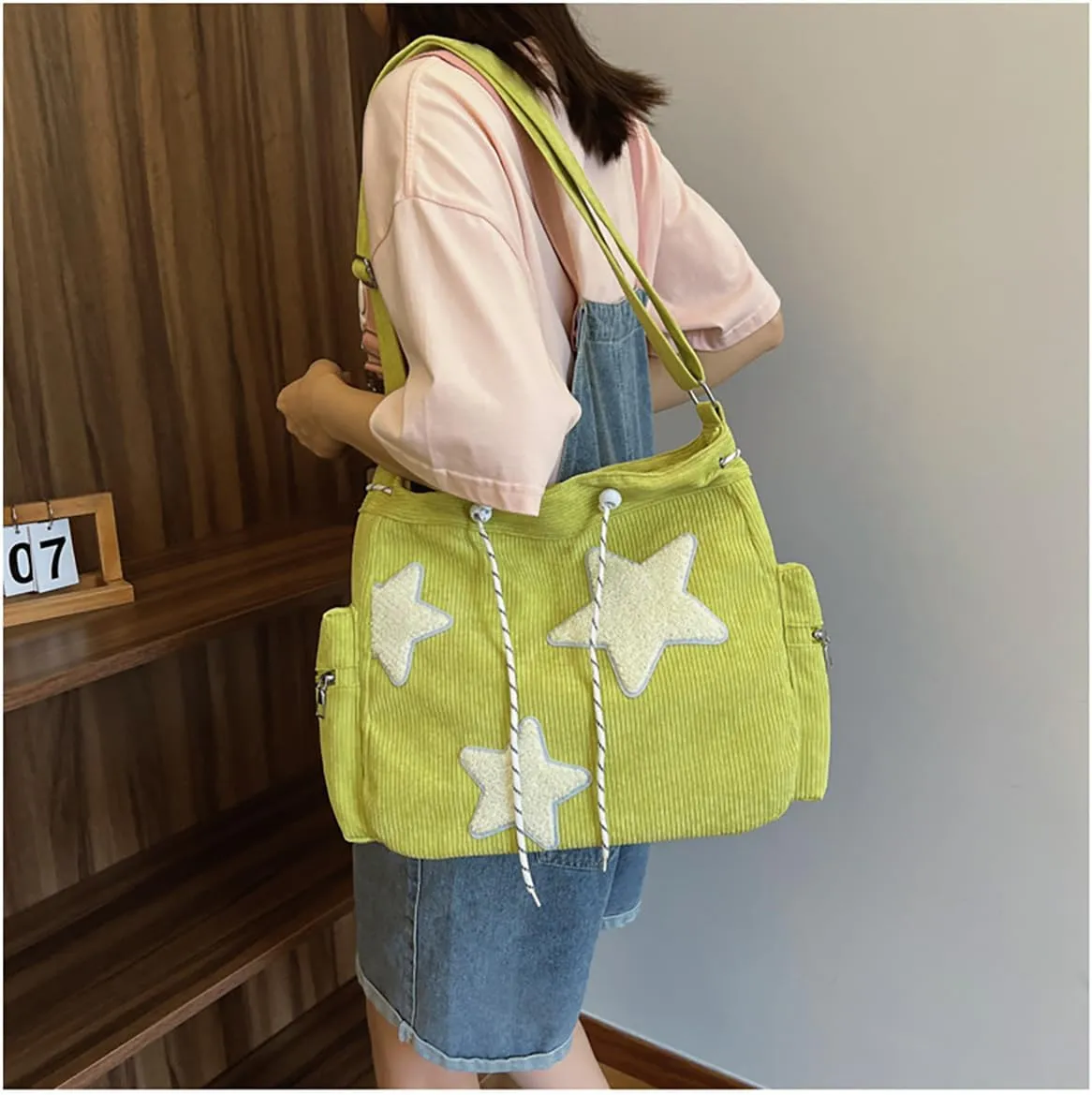 Y2K Star Hobo Bag for Women – Corduroy Drawstring Crossbody Bag, Aesthetic Travel Shoulder Tote (Green)