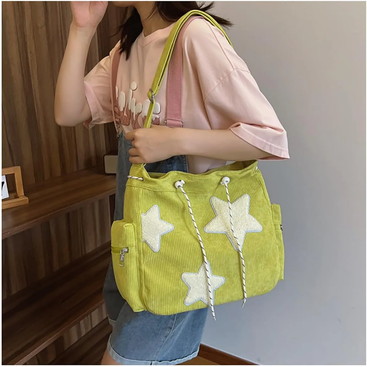 Y2K Star Hobo Bag for Women – Corduroy Drawstring Crossbody Bag, Aesthetic Travel Shoulder Tote (Green)