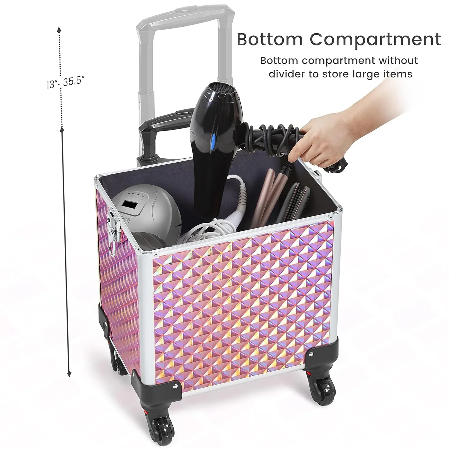 Yaheetech 4 in 1 Professional Makeup Train Case/Rolling Cosmetic Trolley/Makeup Case Organizer/Makeup Travel Case with 4 Detachable Swivel Wheels, Glitter Pink