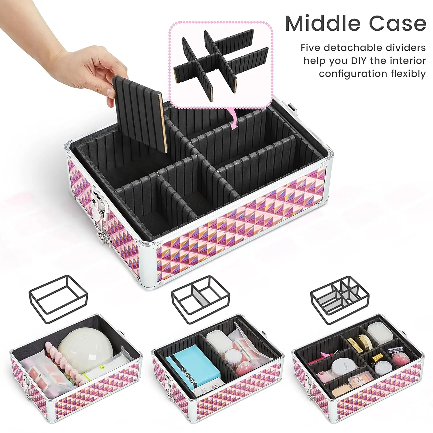 Yaheetech 4 in 1 Professional Makeup Train Case/Rolling Cosmetic Trolley/Makeup Case Organizer/Makeup Travel Case with 4 Detachable Swivel Wheels, Glitter Pink