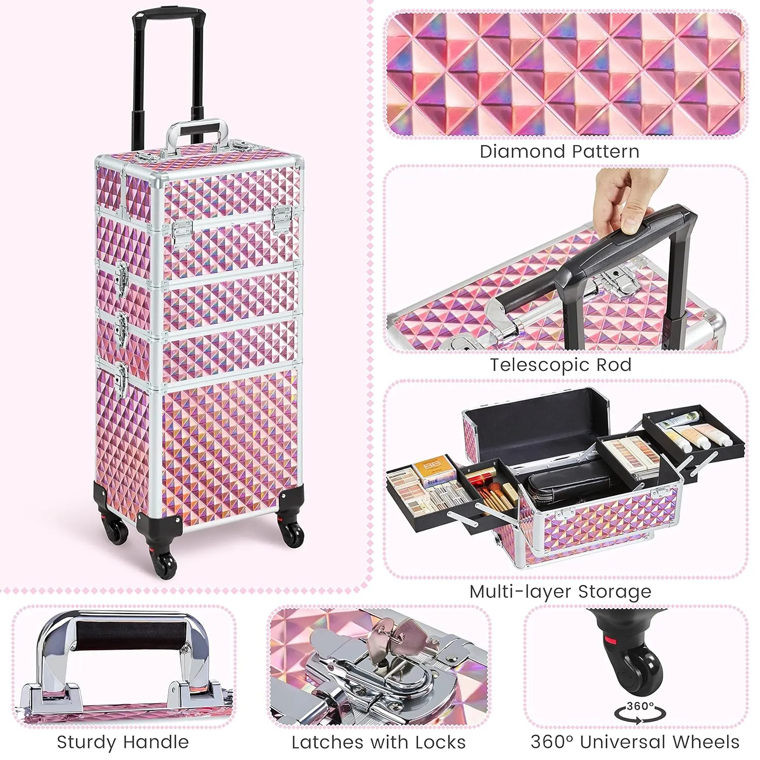 Yaheetech 4 in 1 Professional Makeup Train Case/Rolling Cosmetic Trolley/Makeup Case Organizer/Makeup Travel Case with 4 Detachable Swivel Wheels, Glitter Pink