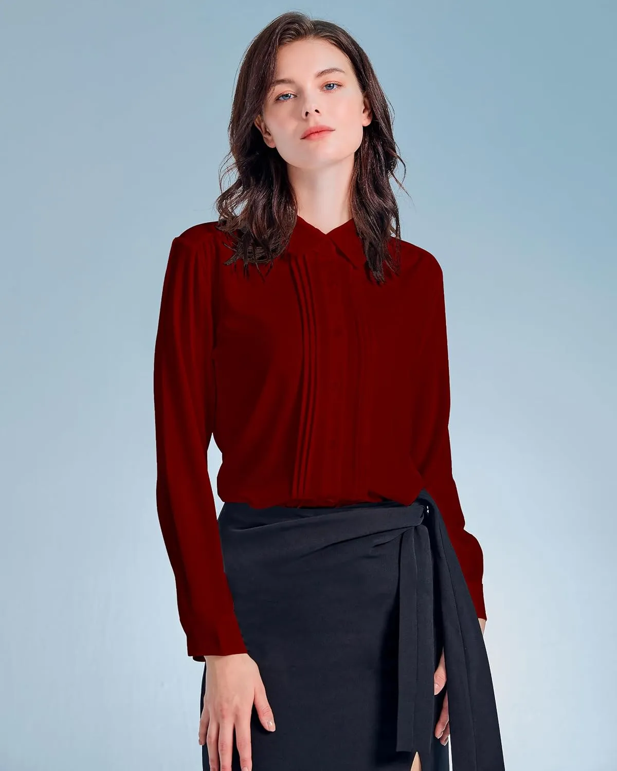 YAMANMAN Womens Button Down Shirts Long Sleeve Casual Chiffon Blouses Loose Pleated Collared Work Office Tops