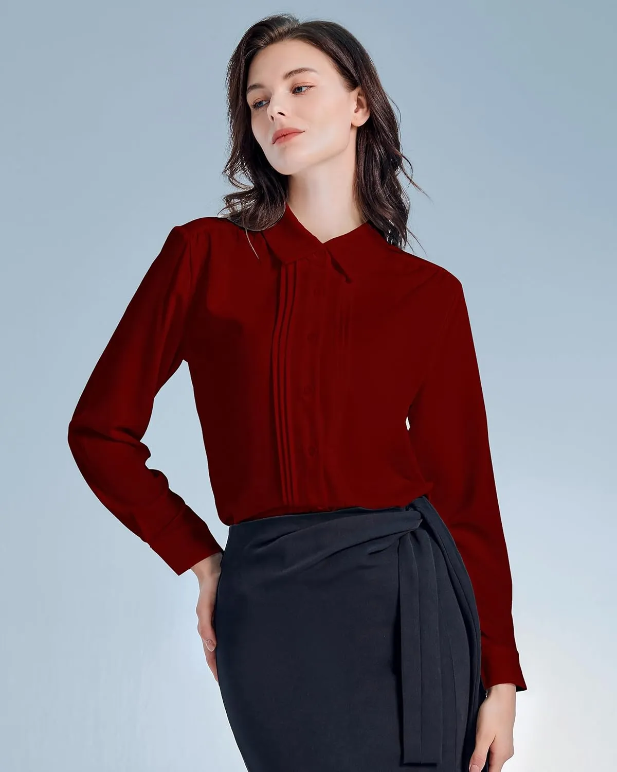 YAMANMAN Womens Button Down Shirts Long Sleeve Casual Chiffon Blouses Loose Pleated Collared Work Office Tops
