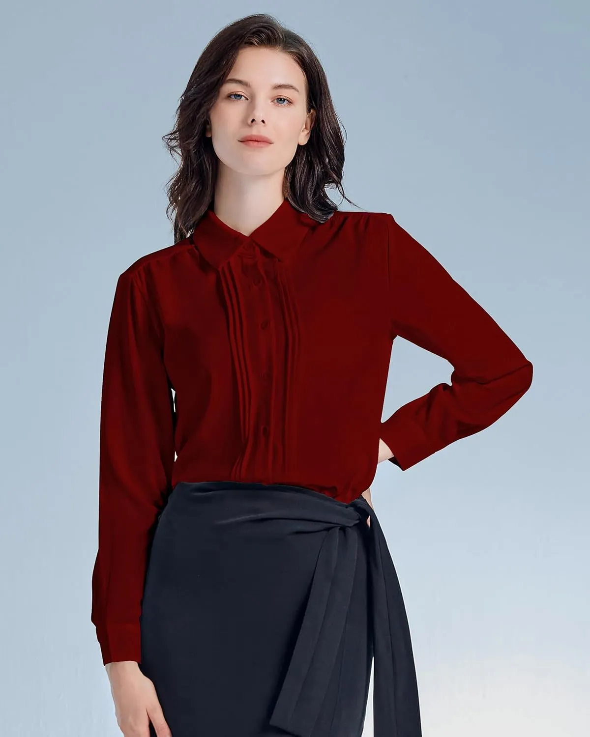 YAMANMAN Womens Button Down Shirts Long Sleeve Casual Chiffon Blouses Loose Pleated Collared Work Office Tops