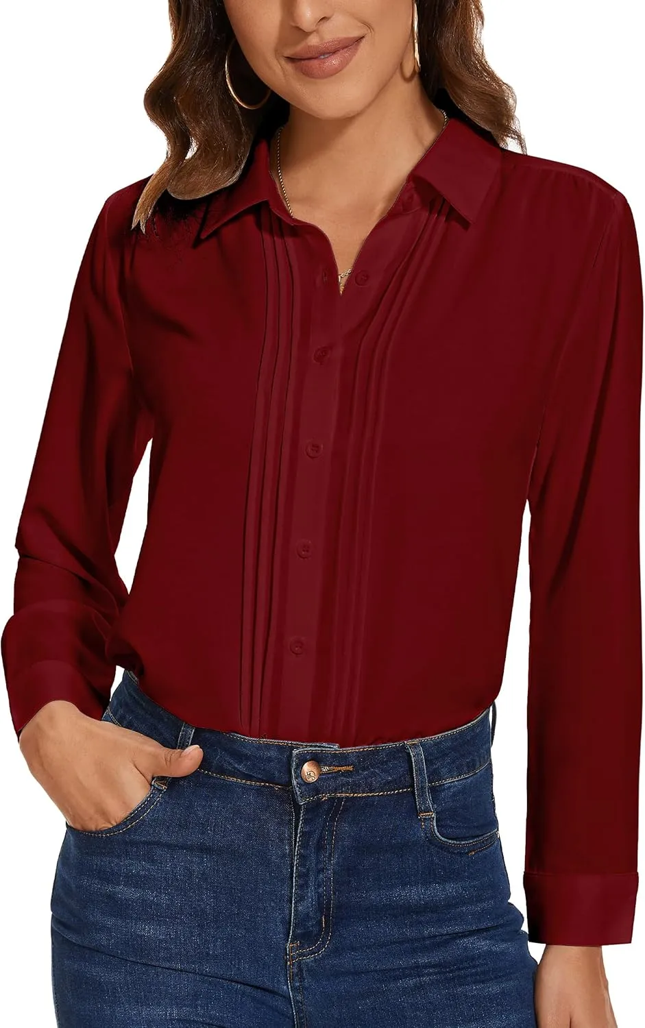 YAMANMAN Womens Button Down Shirts Long Sleeve Casual Chiffon Blouses Loose Pleated Collared Work Office Tops