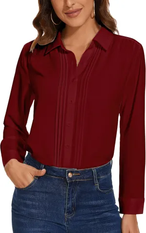 YAMANMAN Womens Button Down Shirts Long Sleeve Casual Chiffon Blouses Loose Pleated Collared Work Office Tops