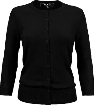 YEMAK Women's Knit Cardigan Sweater – 3/4 Sleeve Crewneck Basic Classic Casual Button Down Soft Lightweight Top (S-3XL)