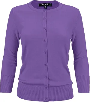 YEMAK Women's Knit Cardigan Sweater – 3/4 Sleeve Crewneck Basic Classic Casual Button Down Soft Lightweight Top (S-3XL)