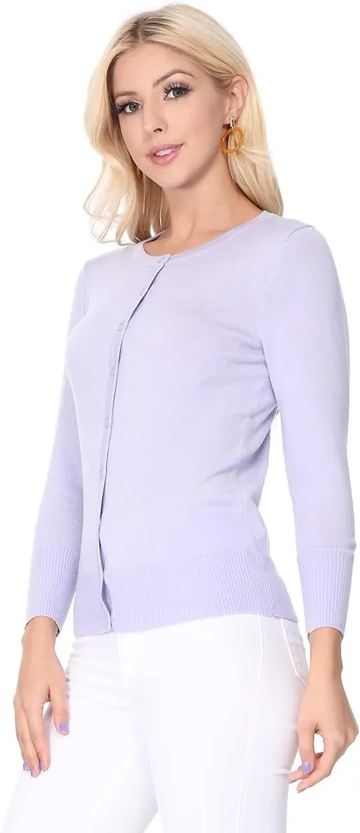 YEMAK Women's Knit Cardigan Sweater – 3/4 Sleeve Crewneck Basic Classic Casual Button Down Soft Lightweight Top (S-3XL)