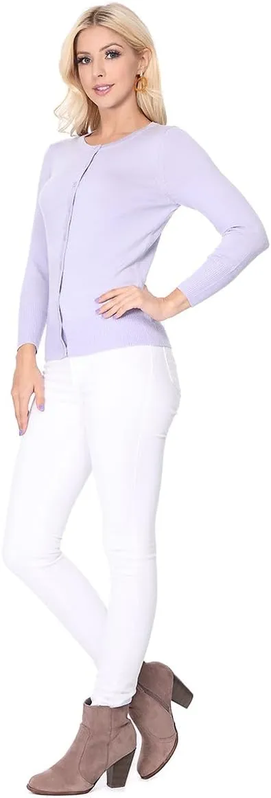 YEMAK Women's Knit Cardigan Sweater – 3/4 Sleeve Crewneck Basic Classic Casual Button Down Soft Lightweight Top (S-3XL)