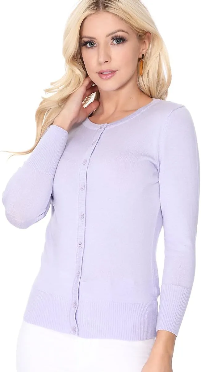 YEMAK Women's Knit Cardigan Sweater – 3/4 Sleeve Crewneck Basic Classic Casual Button Down Soft Lightweight Top (S-3XL)