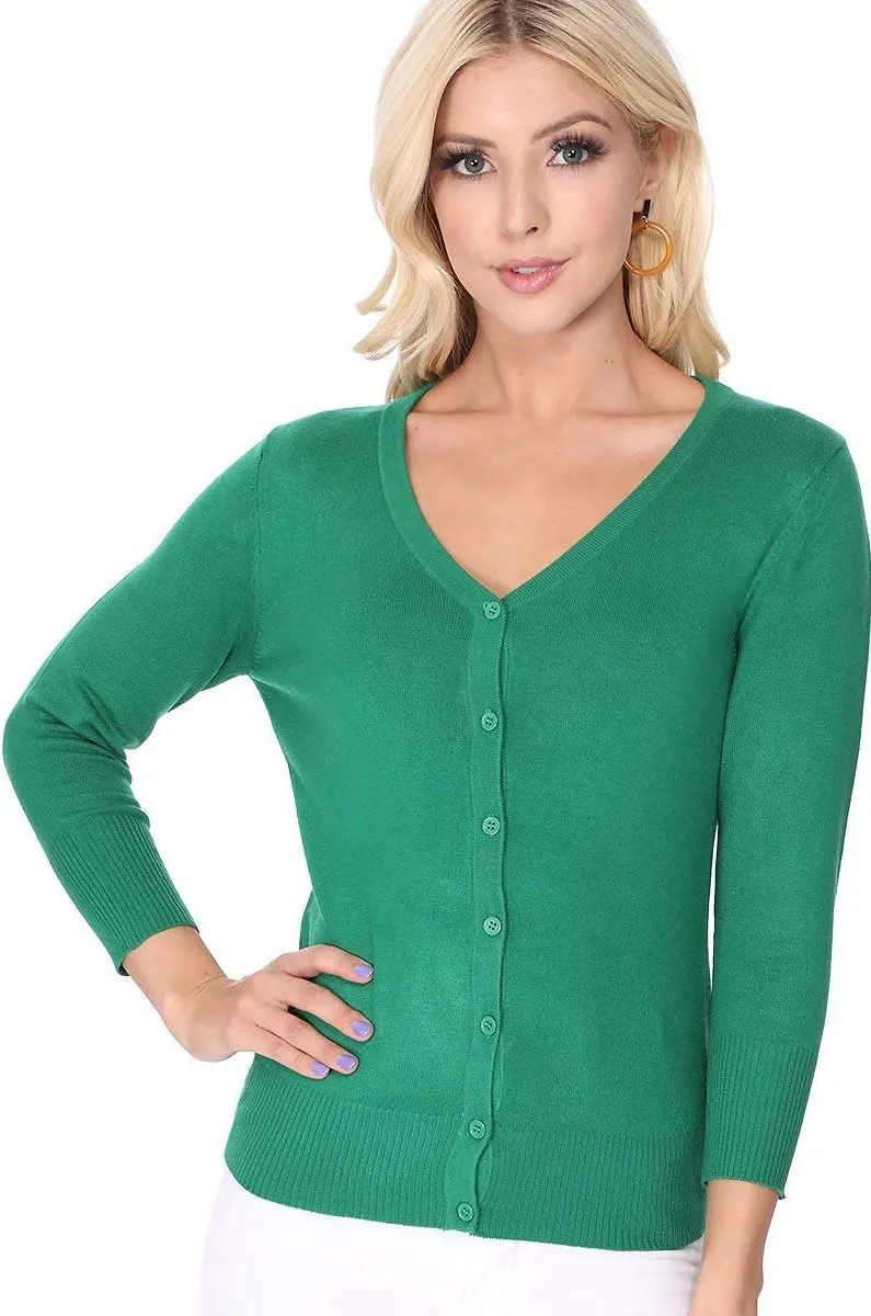 YEMAK Women's Knit Cardigan Sweater – 3/4 Sleeve V-Neck Basic Classic Casual Button Down Soft Lightweight Top (S-3XL)