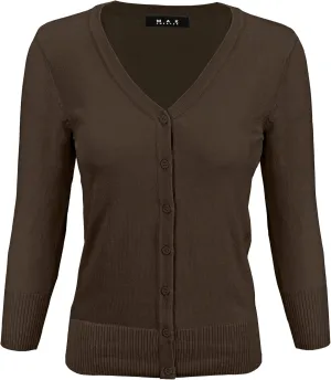 YEMAK Women's Knit Cardigan Sweater – 3/4 Sleeve V-Neck Basic Classic Casual Button Down Soft Lightweight Top (S-3XL)