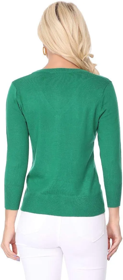 YEMAK Women's Knit Cardigan Sweater – 3/4 Sleeve V-Neck Basic Classic Casual Button Down Soft Lightweight Top (S-3XL)