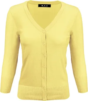 YEMAK Women's Knit Cardigan Sweater – 3/4 Sleeve V-Neck Basic Classic Casual Button Down Soft Lightweight Top (S-3XL)