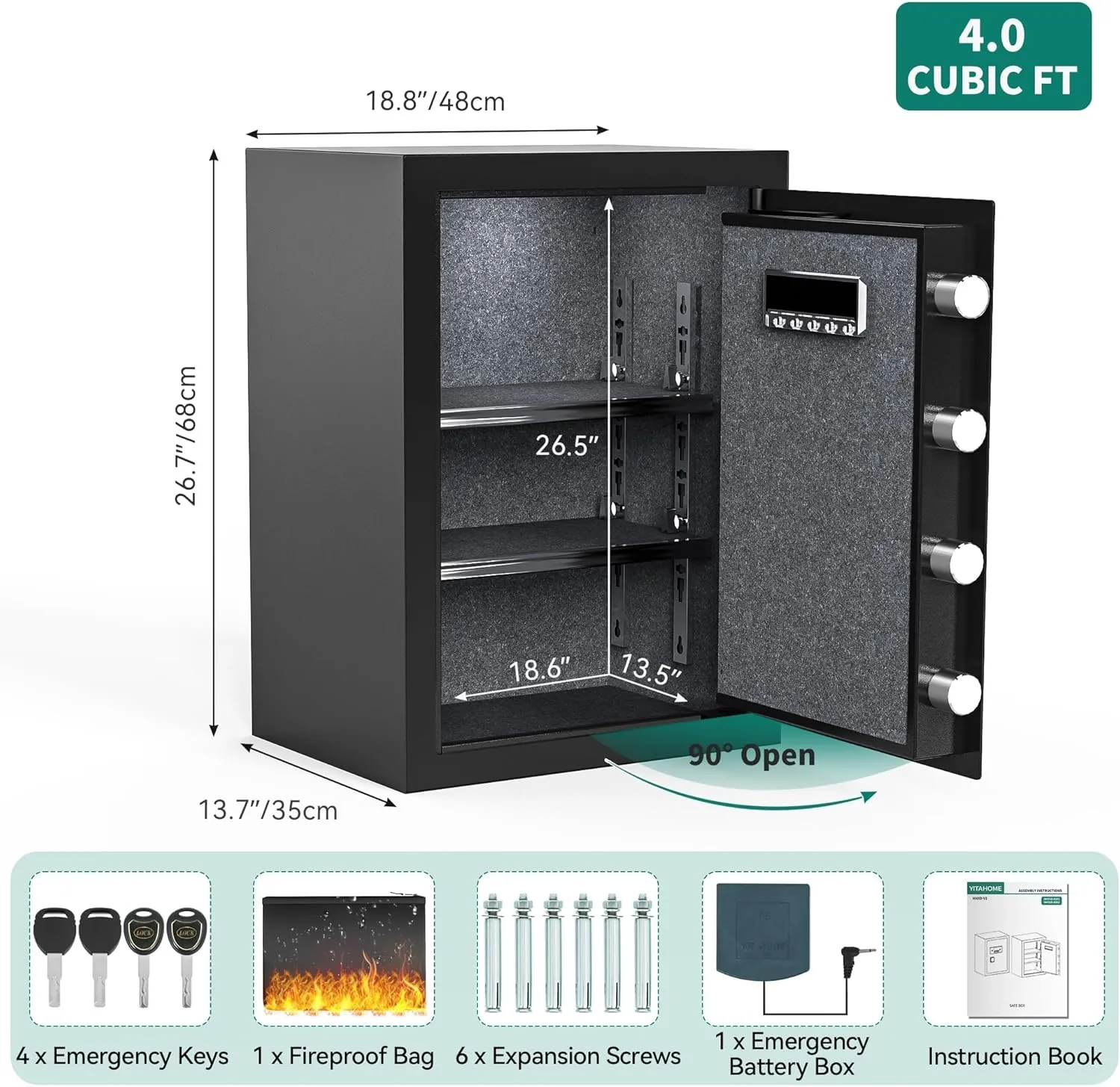 YITAHOME Fireproof Safe Box for Home, 4 CuBic Feet Anti-Theft Fire Safe with Digital Keypad Key, Removable Shelf, LED Light, for Home Office Hotel Use