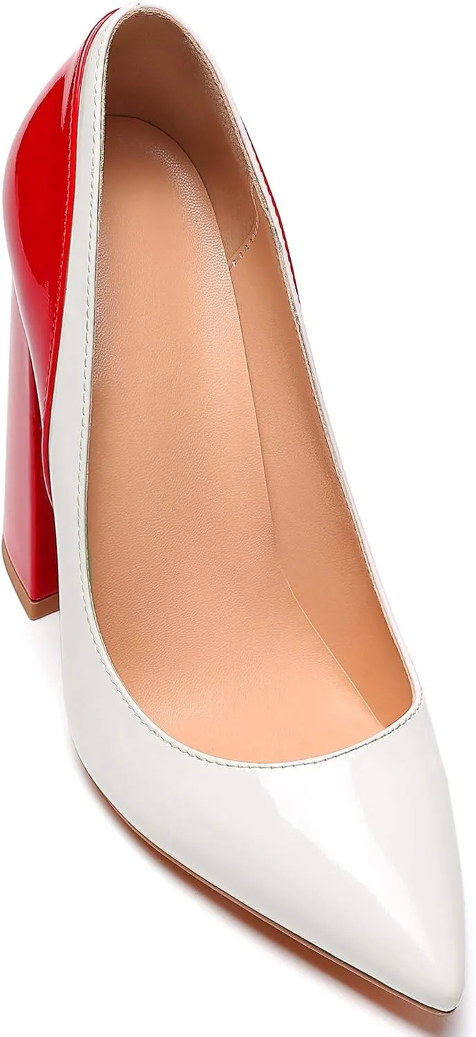 YODEKS Women's Block High Heel Pumps Sexy Pointed Toe Heels Slip On High Heel Comfort Shoes, 4.7 Inches Patent Lesther Business Shoes for Party Office Wedding Dress