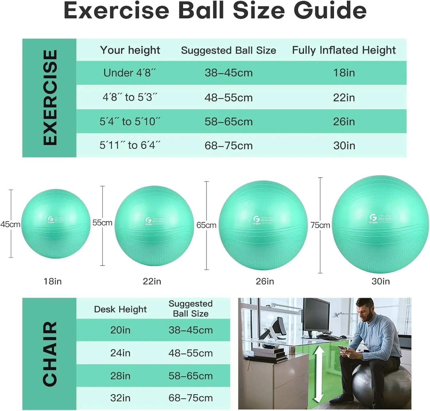 Yoga Ball, 22-30 Inch Extra Thick Exercise Ball for Workout Fitness Balance, Anti Burst Chair for Home and Office Desk, Includes Hand Pump & Workout Guide Access